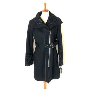 GUESS Asymmet Faux Fur Collar Wool Blend Jacket L